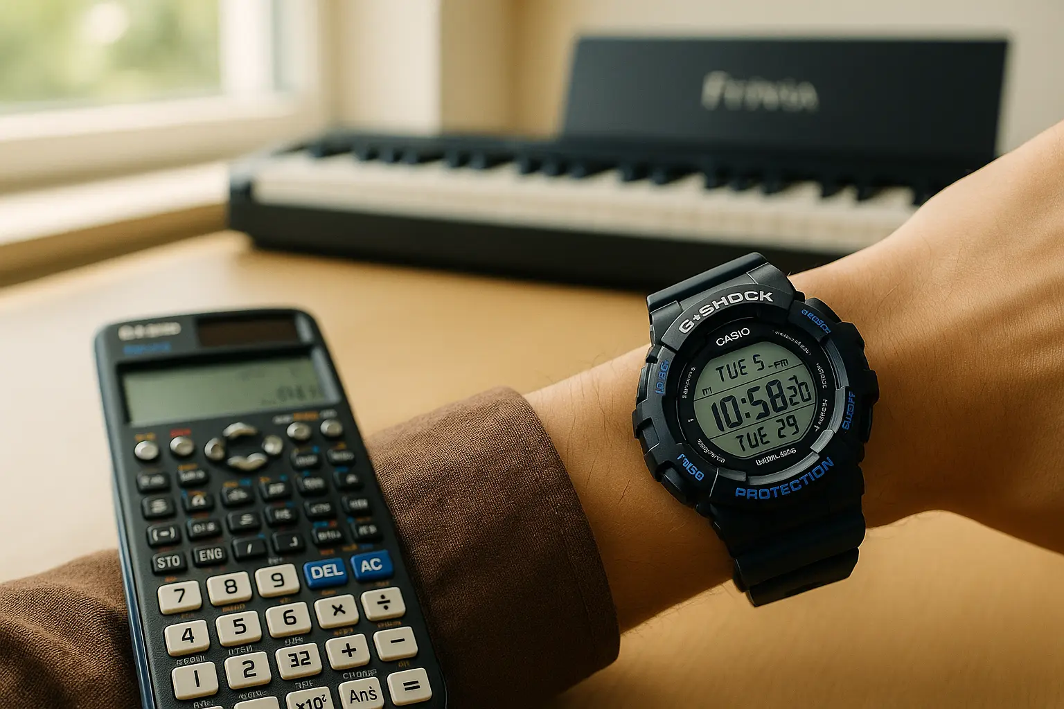Casîo G-Shock smartwatch, fx-991EX calculator, and Privia keyboard representing the brand’s educational, musical, and wearable innovation in 2025, captured in a realistic blog-style image