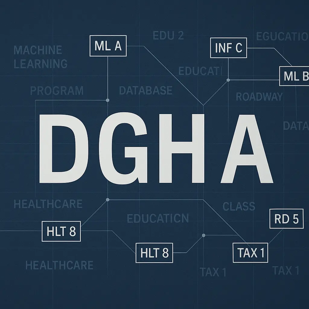DGHA visual network map connecting DGHA to sectors like healthcare, education, machine learning, and tax classification codes such as HLT 8, RD 5, and TAX 1 — conceptual digital graphic representing data systems and classification under the DGHA framework