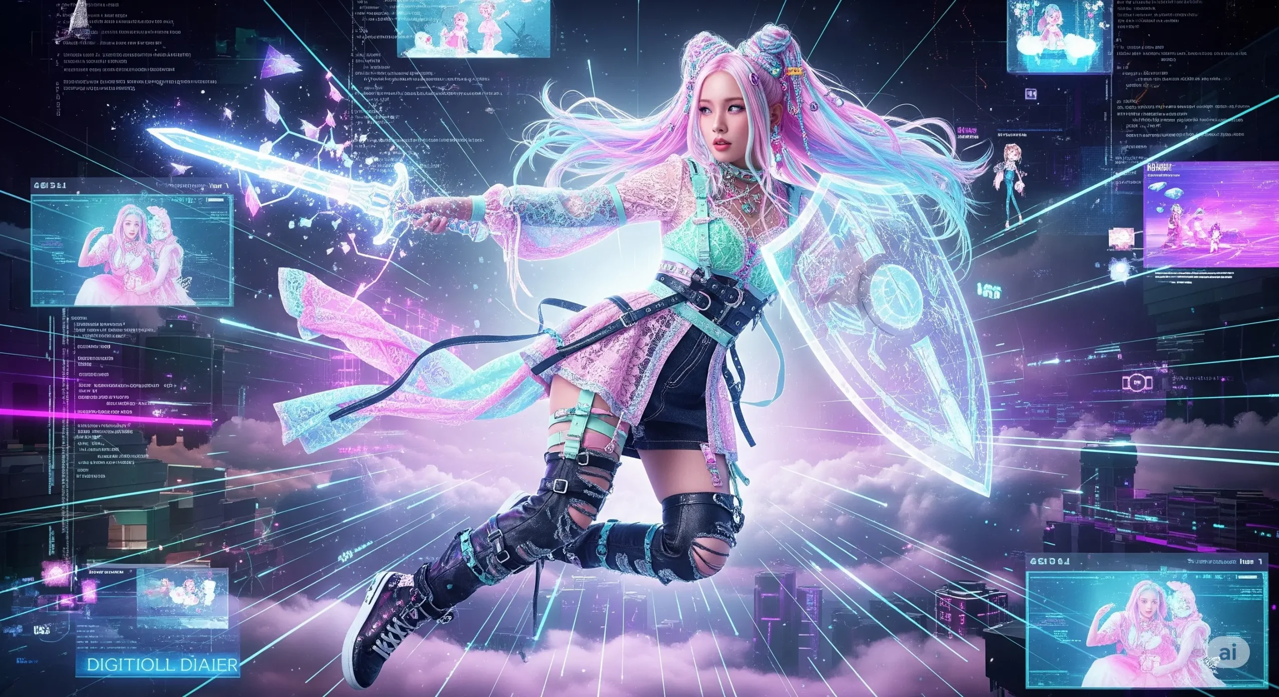 Digital artwork of Babydollkaila in a futuristic, cyberpunk style. She is wearing a neon pink and aqua outfit, with holographic accessories, a glowing sword, and a shield. The background features high-tech visuals with floating digital elements and a cosmic atmosphere, conveying a powerful and playful vibe. Babydollkaila’s look is completed with unique, stylish boots and vibrant pastel hair, emphasizing a modern, fantasy-inspired aesthetic.